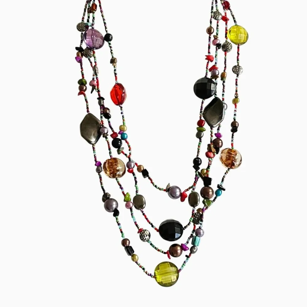 Colorful Necklace Multi Strand Glass Stone Shell Acrylic Bohemian Layered Beaded